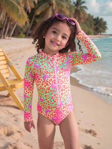 女童连体泳衣，可爱多彩豹纹蝴蝶图案，针织面料，前中拉链，长袖防晒连体泳衣，时尚休闲，精致优雅，适合游泳，适合夏季度假、夏季海滩、海边泳池、游泳池、夏季派对、休闲度假。女童荧光防晒泳衣。 - 彩色 - 查看 7