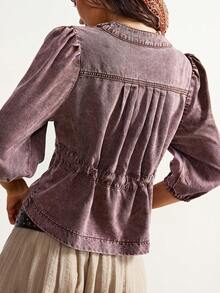 Bohemela Women's Denim Shirt, Loose Fit, Drawstring Waist, 3/4 Sleeves, Purple Denim Top. Spring Clothes  Valentine's Day   Carnival  Vacation Outfits For Women  Blouse - Brown - View 2