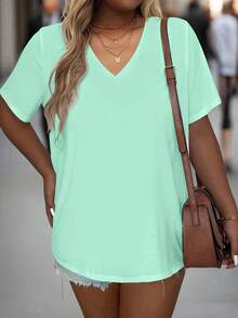 EMERY ROSE 大码女式简约纯色V领短袖休闲T恤 - 青碧色 - 查看 4