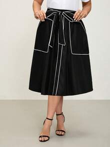 Comfylo 大码女式撞色滚边系带腰带口袋休闲半身裙 - 黑色 - 查看 1