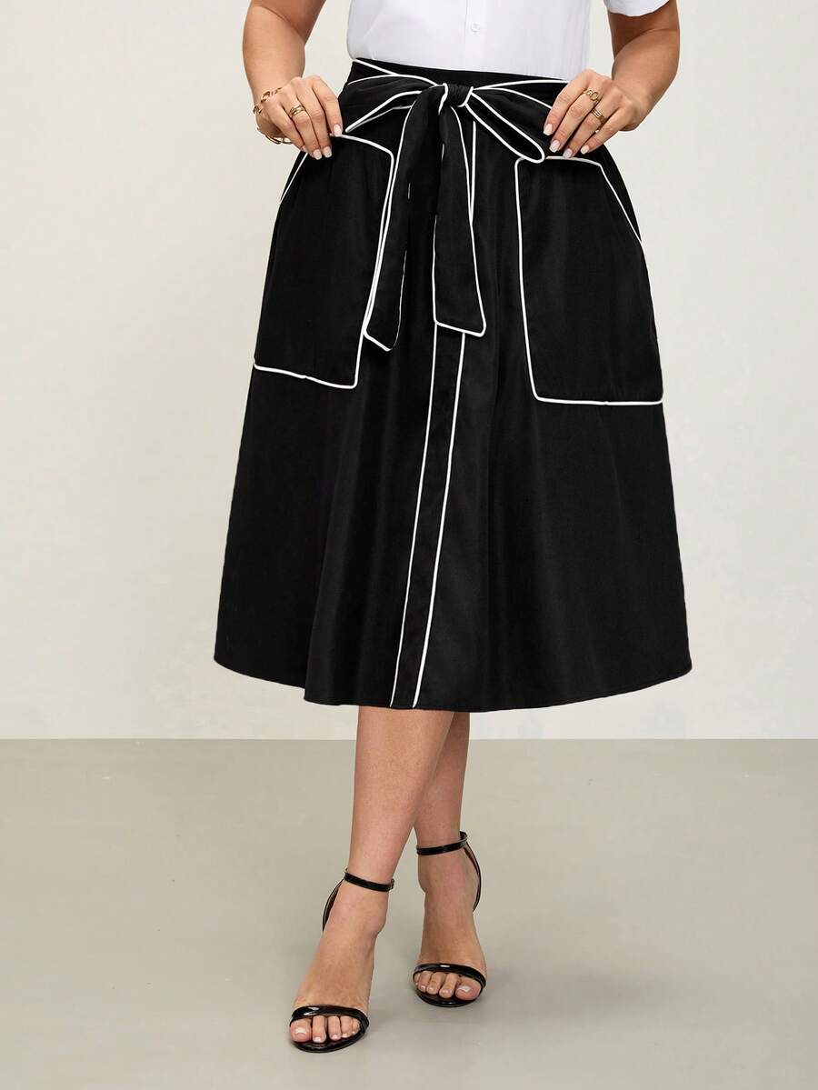 Comfylo 大码女式撞色滚边系带腰带口袋休闲半身裙 - 黑色 - 查看 1