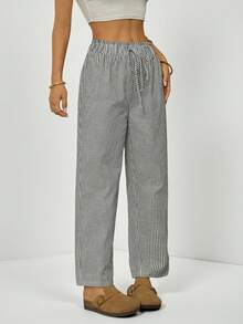 SHEIN PETITE 条纹荷叶边腰直筒九分裤，休闲度假波西米亚风长裤 - 黑與白 - 查看 2