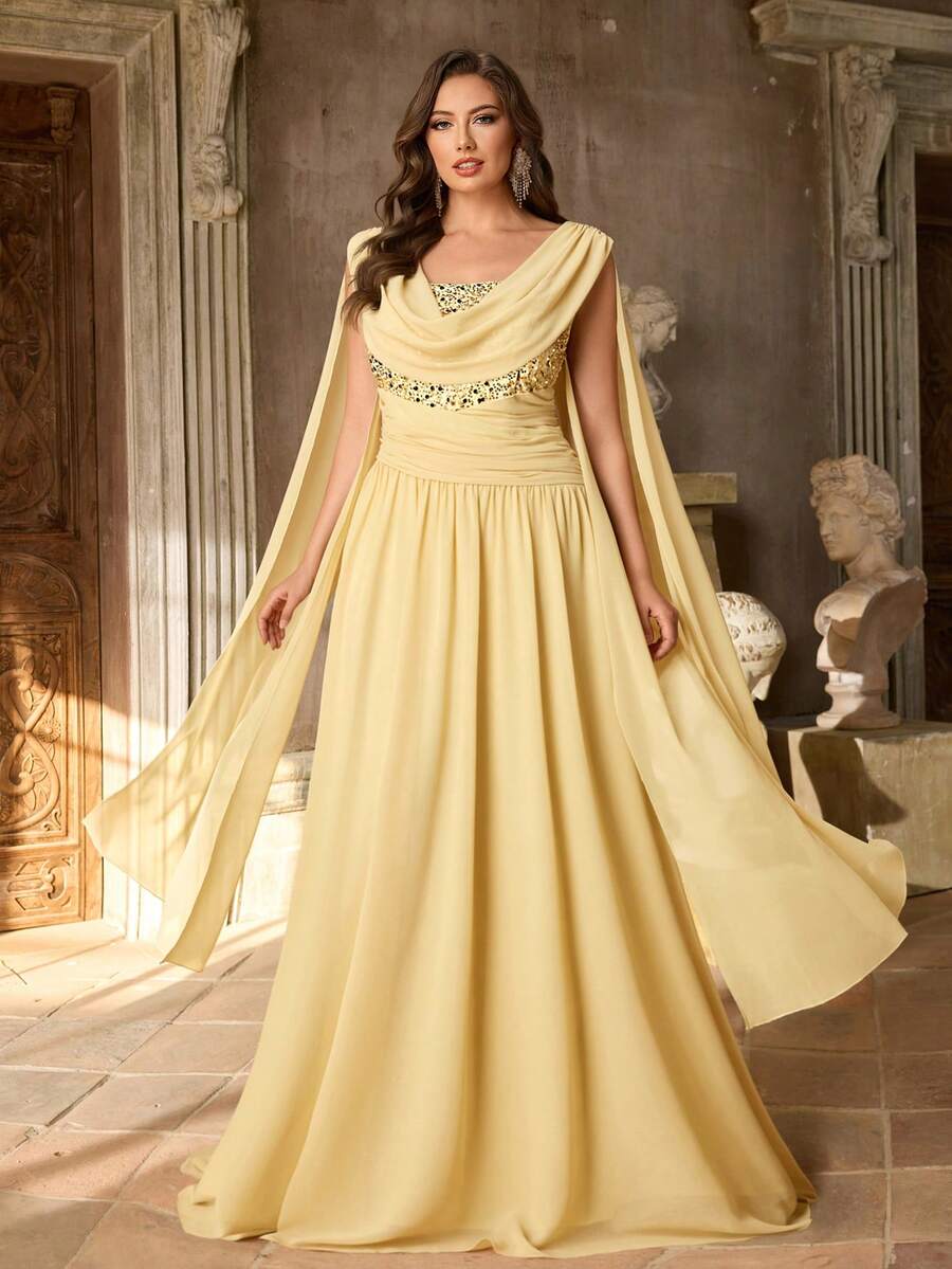 Aureia Đầm chữ A xếp ly bằng chiffon sang trọng, màu vàng kim, cổ bèo nhún, tay loe, cỡ lớn, thích hợp cho đám cưới, tiệc tùng, lễ kỷ niệm, sự kiện trang trọng, dạ hội (Thiết kế đính kết cầu kỳ)