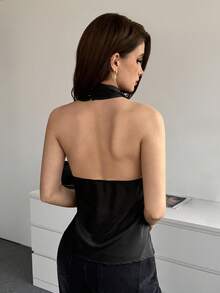 Modelyn 女士性感交叉缎面垂褶肩带修身吊带背心 - 黑色 - 查看 3