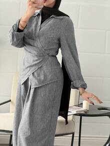 DAZY Bộ 2 món áo nữ cổ bẻ buộc eo và quần ống rộng có dây rút - Cà phê nâu - Xem 3