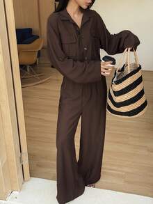DAZY Women's Loose Solid Color Long Sleeve Collared Shirt & Wide Leg Casual Jumpsuit, Spring/Summer Jumpsuit For Women Lounge Sets For Women Business Casual Woman - Brown - View 4