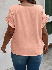 SHEIN Clasi Plus Size Round Neck Ruffle Hem Casual Solid Color Short Sleeve Shirt - Baby Pink - View 2