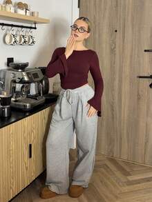 Bethéva Boat Neck Bell Sleeve Side Ruched Fashion T-Shirt - Burgundy - View 6