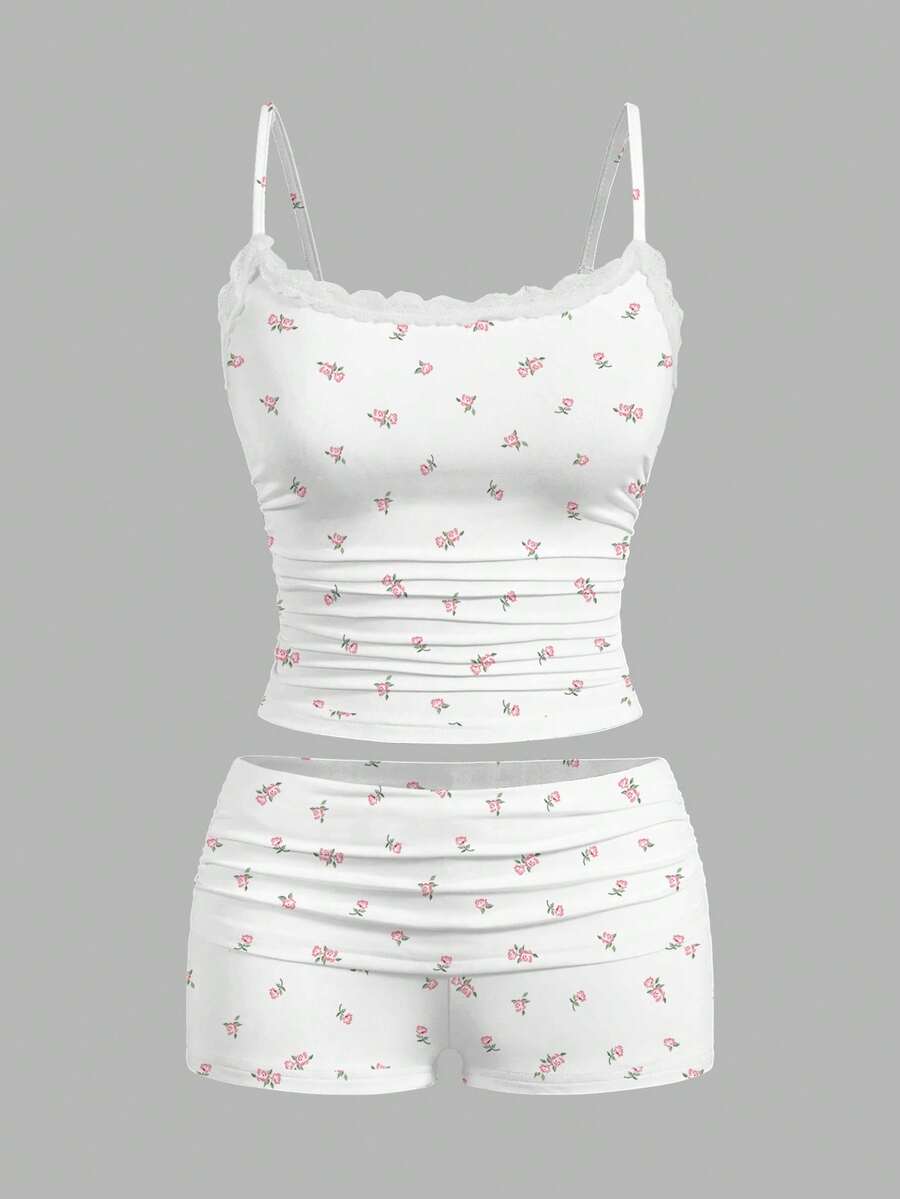 SHEIN Essnce 两件套女士蕾丝吊带背心和碎花短裤套装，适合夏季，也可搭配秋冬季节穿着，居家风格，适合外出，返校季必备，时尚别致，Y2K风格 - 彩色 - 查看 1