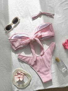 Swim Mod-D 女士提花面料随机印花高衩比基尼套装，春夏款 - 粉色 - 查看 4