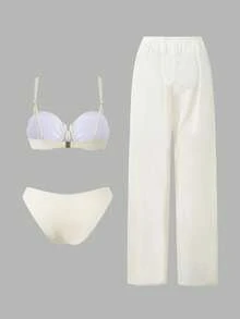 Elavelle Conjunto de bikini de 3 piezas con tirantes de espagueti, sujetador con aros y decoración metálica, pantalones largos de corte alto en unicolor para mujeres, primavera/verano - Beis - Ver 8