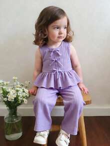 SHEIN Vintaside Kids 2pcs/Set Baby Girls' Summer Clothes Back To School Season 3M-3Y, Purple Fashionable Cute Round Neck Sleeveless Ruffle Blouse & Elastic Waist Pants, Soft Casual Outfit Suitable For Spring/Summer, Gift - Purple - View 1