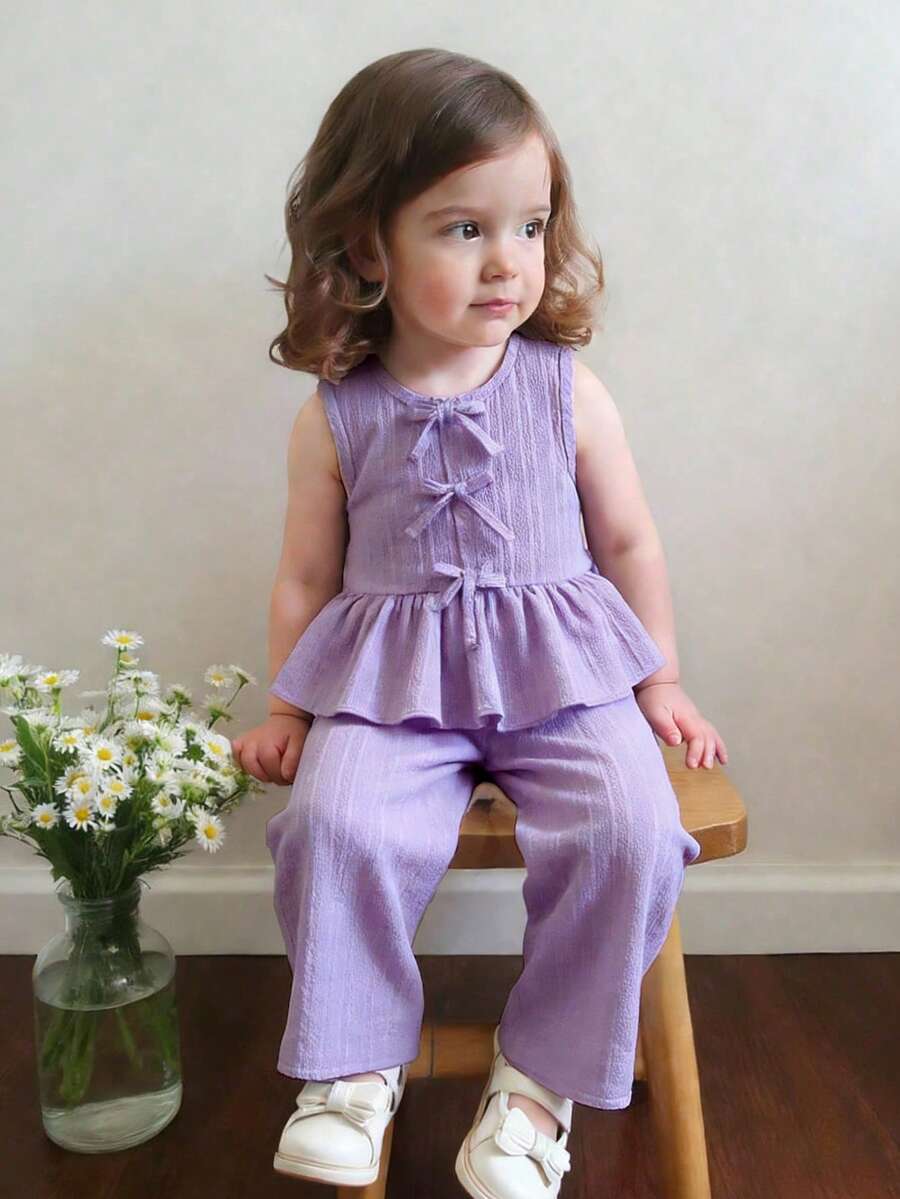 SHEIN Vintaside Kids 2pcs/Set Baby Girls' Summer Clothes Back To School Season 3M-3Y, Purple Fashionable Cute Round Neck Sleeveless Ruffle Blouse & Elastic Waist Pants, Soft Casual Outfit Suitable For Spring/Summer, Gift - Purple - View 1