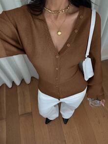 Siren Gaze Women's Solid Color Button-Up Fitted Waist Knit Cardigan, Casual Everyday Wear, Autumn/Winter - Coffee Brown - View 6
