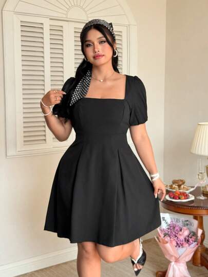Celure Plus Size Women's Solid Color Square Neck Puff Sleeve Cinched Waist A-Line Short Dress, Elegant For Dates Square Neck Dress Classy Black Dress Black Dress Puff Sleeve Dress Cute Black Dress