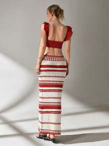 SHEIN Cottnline Women Top And Skirt Openwork Sweater Cover Up Set - Red - View 2
