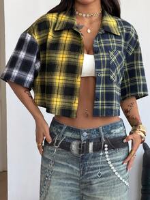 Coolane Áo croptop kẻ caro dáng rộng phong cách vintage mùa xuân/hè cho nữ, màu đỏ, thích hợp cho năm mới. - Nhiều màu - Xem 5