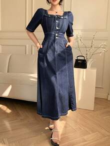 DAZY Women's Casual Washed Fake Pocket Square Neck Puff Sleeve Denim Dress, Summer - Dark Wash - View 9