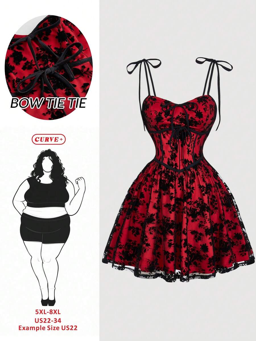 SHEIN CURVE+ 加大码/情人节/女士复古黑色网纱刺绣蝴蝶结吊带A字摆短款迷你连衣裙 - 彩色 - 查看 1