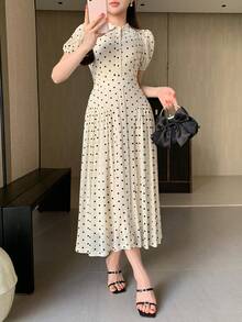 DAZY Women's Elegant Polka Dot Lapel Pleated Long Dress Wedding Guest Dress - Beige - View 3