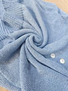 INAWLY Shiny Round Neck Thin Sequin Mesh Long Sleeve Button Knit Cover Up, Hazy Blue - Dusty Blue - View 7