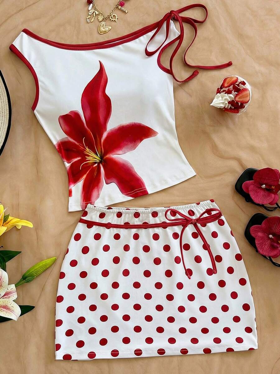 Soleia 2件套 女士不对称领口系带印花吊带背心和波点印花半身裙 - 彩色 - 查看 1