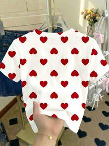 少女圆领爱心印花休闲短袖T恤，适合夏季日常穿着 - 彩色 - 查看 2