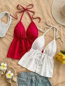 Soleia 2pcs Vacation Sexy Leopard Print Halter V-Neck Backless Textured Camisole, Suitable For Holiday, Date, Afternoon Tea, Vacation, Music Festival, Boho,Spring Outfit Women ,Valentines Day Outfit , - Multicolor - View 5