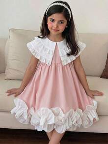 SHEIN Young Girl Woven Contrast Color Ruffle Hem Loose Dress,Suitable For Spring And Summer - Pink - View 3