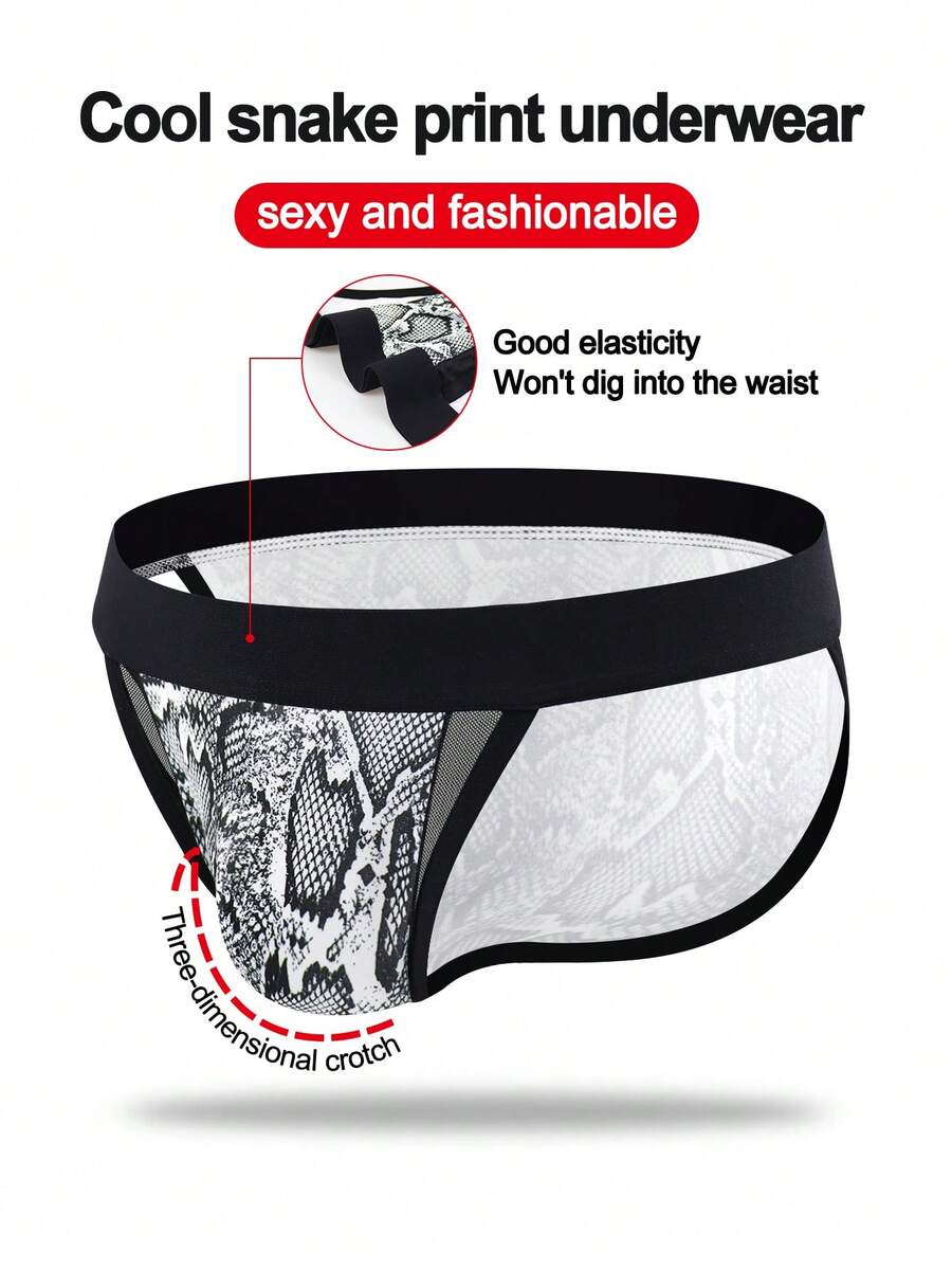 1pc Fashionable Snakeskin Print Sexy Hollow Mesh Mid-Waist Men's Briefs - Black and White - View 1