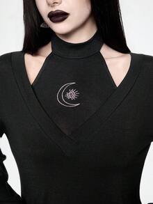 ROMWE Spring/Summerblack2pcs Gothic Snake Skin Floral Embroidery Design Women Set, Camisole + Outerwear Top - Black - View 2