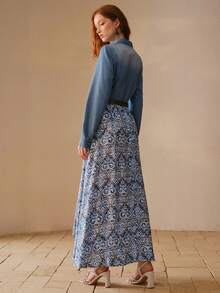 MOTF PREMIUM WOMEN'S ELEGANT PATCHWORK PRINT ASYMMETRICAL HEM DENIM DRESS WITH BELT - Baby Blue - View 3