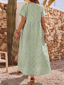 Vestido a cuadros de manga corta y cuello en V para mujer de talla, para vacaciones de verano - Naranja Coral - Ver 10