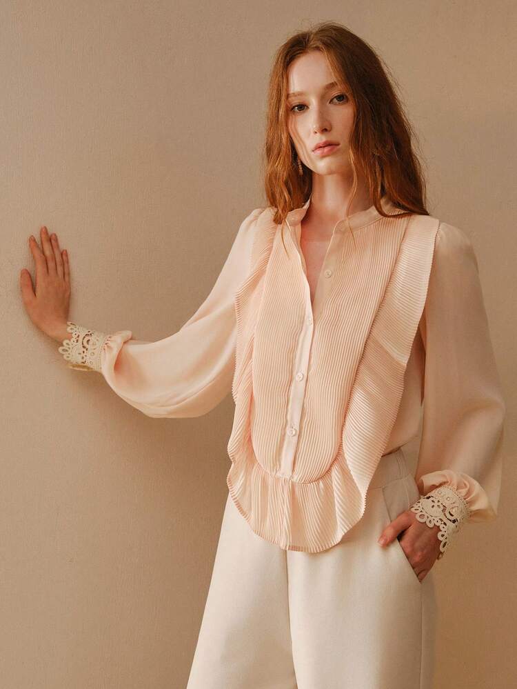LOTUS ROOT PINK MANDARIN COLLAR LANTERN SLEEVE PLEATED RUFFLE TRIM LOOSE BLOUSE