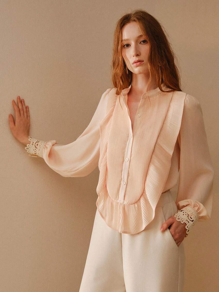 MOTF PREMIUM LOTUS ROOT PINK MANDARIN COLLAR LANTERN SLEEVE PLEATED RUFFLE TRIM LOOSE BLOUSE - Pink - View 1