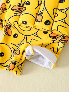 SHEIN 男女通用婴儿可爱小鸭图案长袖防晒泳衣，浮力泳衣，防晒泳装，适合游泳、海滩和度假 - 黃色 - 查看 5