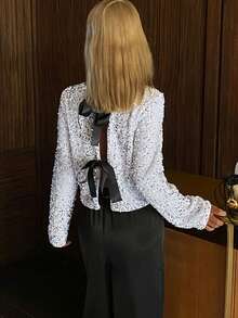 Livesso 圆领系带蝴蝶结亮片装饰女式衬衫 - 銀色 - 查看 1