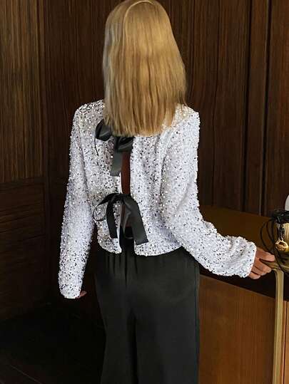 Livesso Crew Neck Tie Bow Sequin Embellished Women Blouse