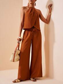 Zivah Spring/Summer New Arrivals: Music Festival, Western, Nomadic, Birthday Party, Graduation Season, Preppy, Student Wear, Everyday Wear, Basic Versatile, Casual, Vacation, Cruise Travel, Beach, Seaside, Sunbathing, Popular Influencer Items, Streetwear, Wedding Guest Wear, Bohemian, Commuter, Brunch Wear, Airport Wear, Casual And Elegant Halter Vest And Pocketed Wide-Leg Trousers, Crinkled Fabric Women's Two Pieces Set - A - Redwood - View 7