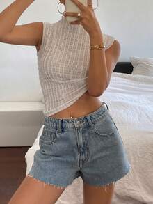 Livesso Women's Casual Wash Frayed Denim Shorts - Blue - View 3