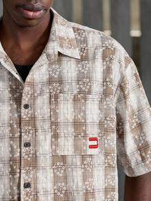 NEON BLANC Men's Embroidered Plaid Print Button-Front Short Sleeve Shirt, Spring/Summer - White - View 5