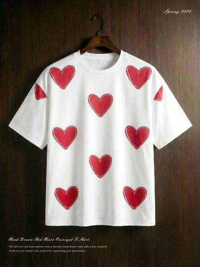 TOKVUE 男士圆领爱心印花休闲百搭通勤短袖T恤