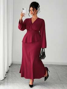 Elenzga Große Größen Damen Burgunderrotes Maxikleid, elegantes Wickelkragen Taille schmeichelndes Kleid für Party, Date, Abschluss, Urlaub, Valentinstag, Musikfestival, Muttertag, Halloween, Thanksgiving, Ostern, Nationalfeiertag, Abschlussball, Datenight, Hochzeitssaison, Outdoor-Ausflug - Bordeaux - Übersicht 1