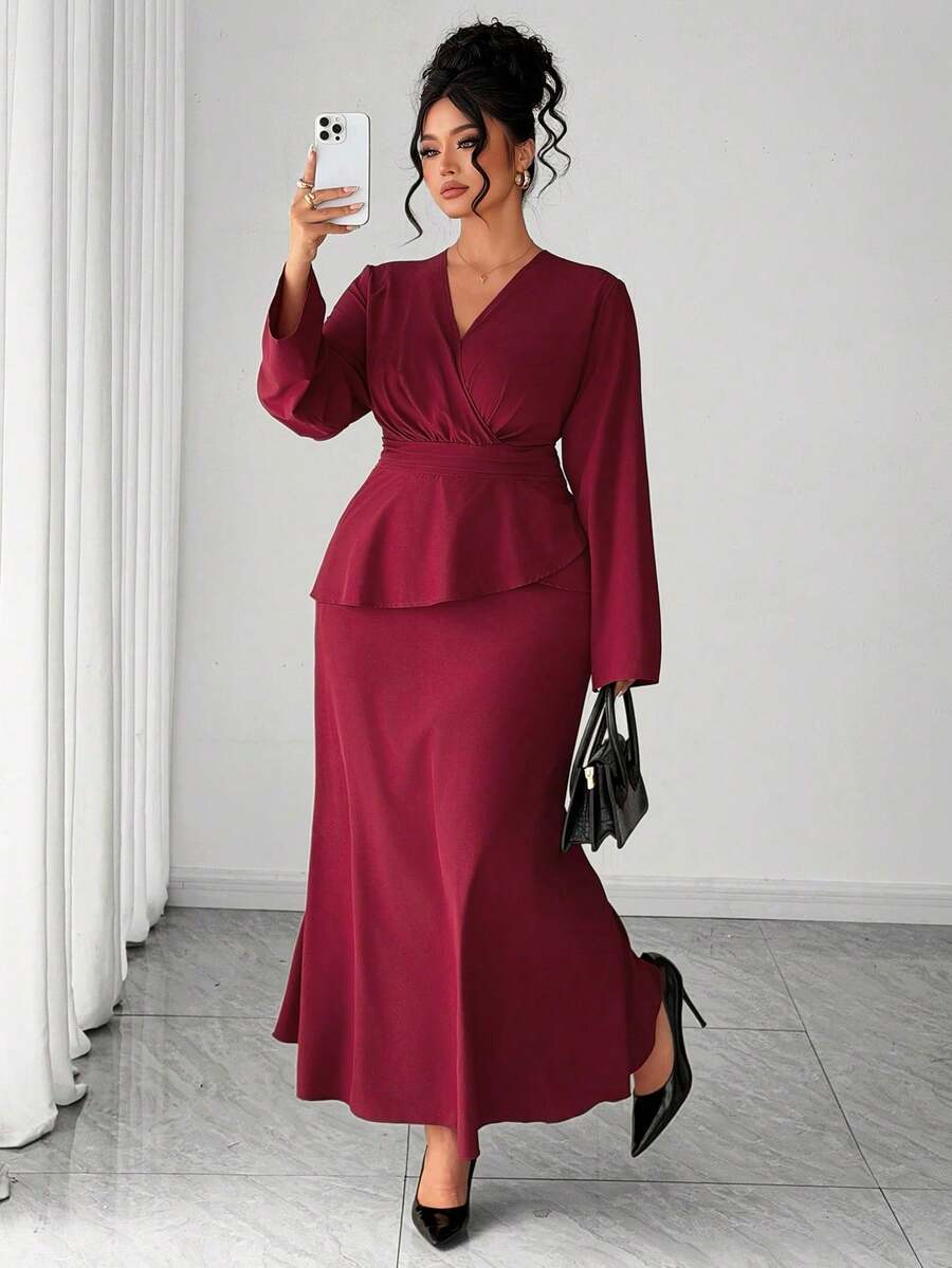 Elenzga Große Größen Damen Burgunderrotes Maxikleid, elegantes Wickelkragen Taille schmeichelndes Kleid für Party, Date, Abschluss, Urlaub, Valentinstag, Musikfestival, Muttertag, Halloween, Thanksgiving, Ostern, Nationalfeiertag, Abschlussball, Datenight, Hochzeitssaison, Outdoor-Ausflug - Bordeaux - Übersicht 1