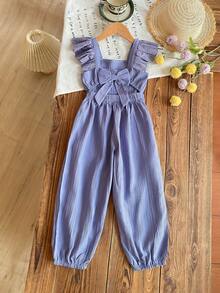 Emery Rose Kids Emery Rose Kids 年轻女孩夏季休闲海滩度假纯色纹理面料褶皱袖口露背蝴蝶结装饰及踝连体裤 - 彩色 - 查看 2