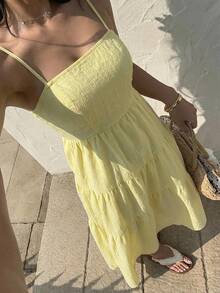 Sunnyshic Women's Yellow Spaghetti Strap Midi Dress With Waist Cinching And A-Line Silhouette, Suitable For Beach, Vacation, Casual Outing, Date, Versatile All-Match, Fashionable, Spring/Summer, Back To School Season - Yellow - View 6