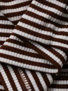 DAZY 女士露肩条纹蕾丝拼接休闲百搭日常长袖T恤 - 灰色 - 查看 5