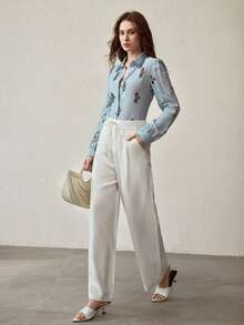 MOTF PREMIUM FASHIONABLE EMBROIDERED & RHINESTONE DECORATED LASER CUT WOMEN'S SHIRT - Blue - View 2