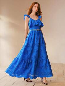 MOTF PREMIUM VESTIDO LARGO DE MUJER CON PATRÓN DE MARIPOSA BORDADO, VOLANTES Y CINTURÓN - Azul - Ver 5