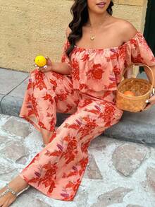 Breezaya Plus Size Women's Coral Floral Print Off-Shoulder Ruffle Sleeve Jumpsuit,Summer Boho Beach Holiday Vacation Outfits,Comfortable Boat Cruise Outfit - Red - View 3